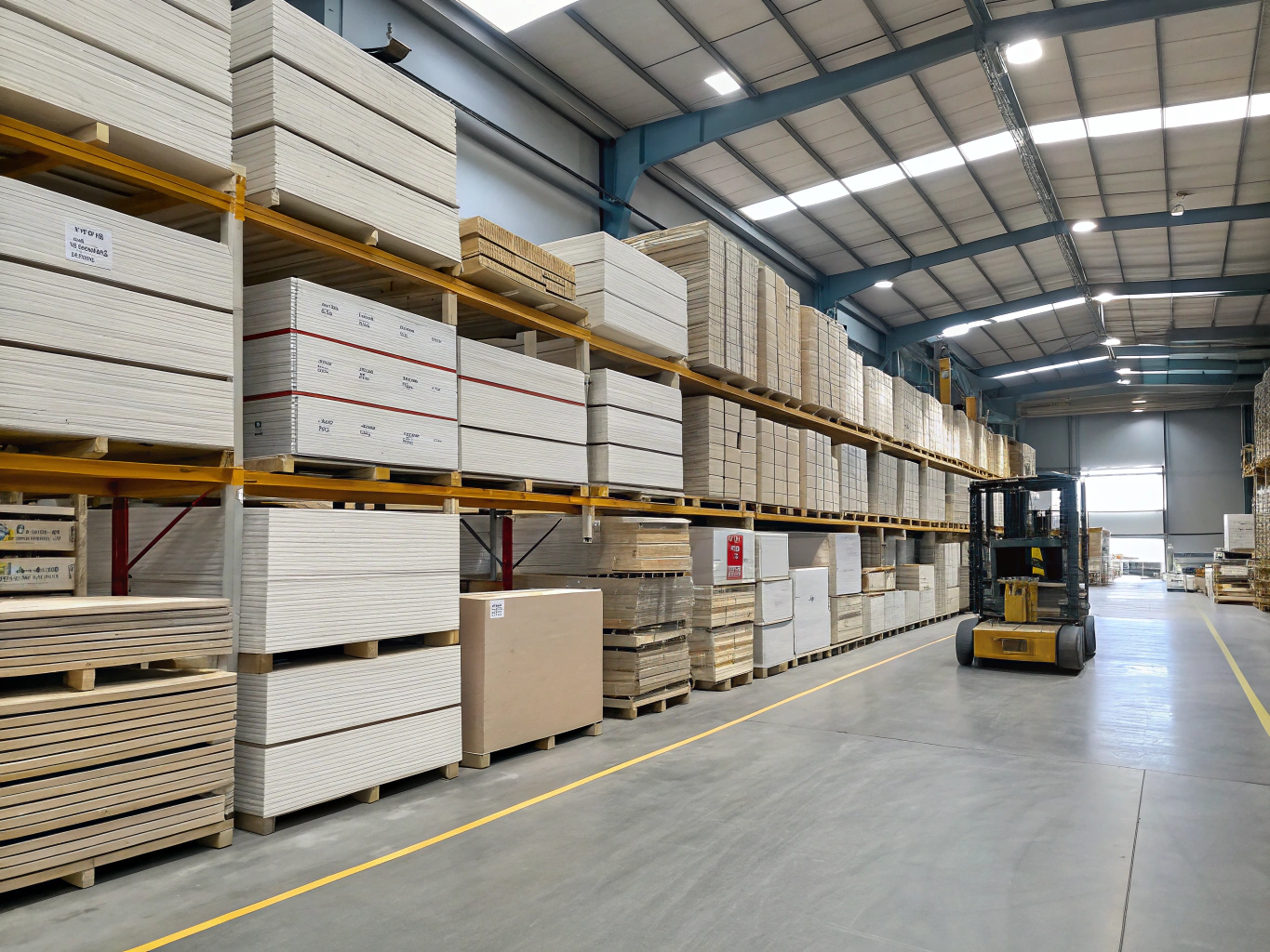 Warehouse interior showcasing organized construction materials and steel studs
