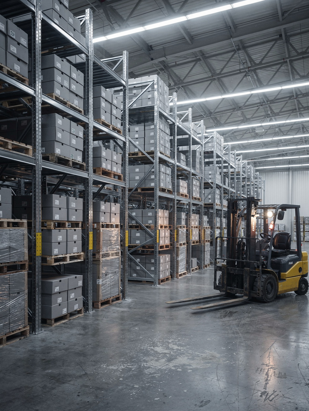 Warehouse shelves stocked with construction materials